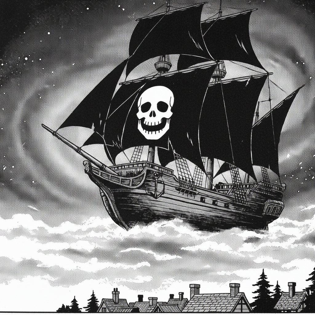 Le vaisseau du Pirate, un grand galion à voile noire et tête de mort blanche, traverse la mer d'étoiles au-dessus de la brume
