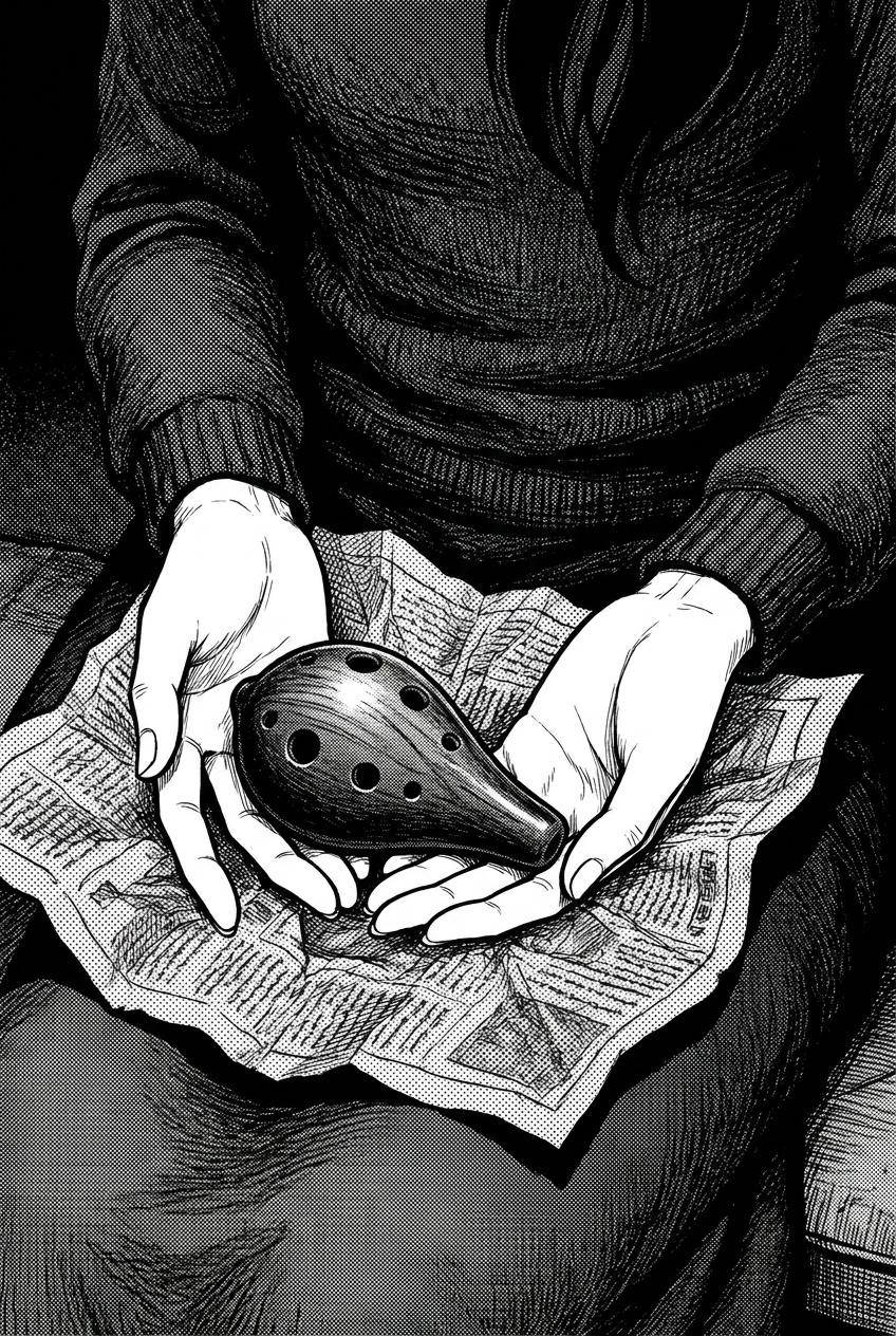 Les mains ouvertes de Naé tiennent l'ocarina de bois sombre posé sur le papier journal