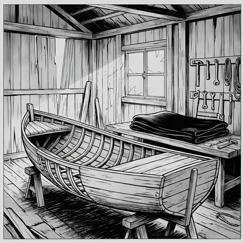 Le hangar vide en hiver : la voile noire pliée sur l'établi se gonfle au vent entré par une planche disjointe, la barque inachevée sur ses tréteaux