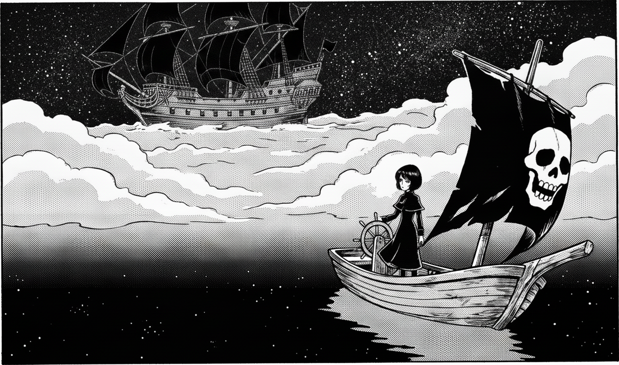 Naé navigue sur la barque à voile noire, la mer plate reflète les étoiles ; très haut, le galion traverse la mer d'étoiles