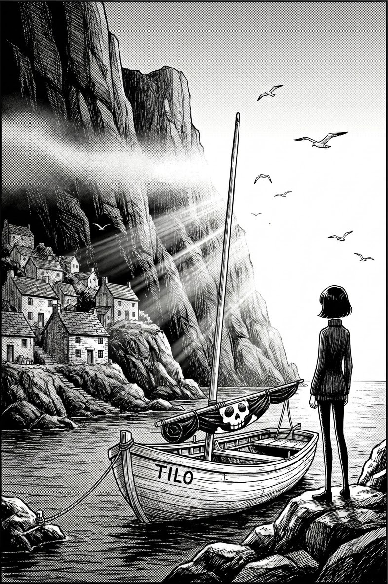 Au matin, la barque amarrée dans la crique, voile noire ferlée, au soleil